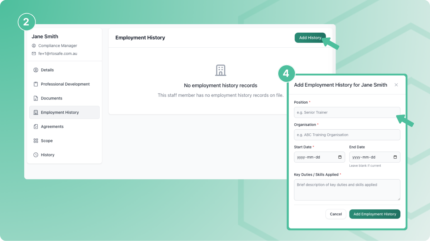 Employment history form showing organisation, position, and dates